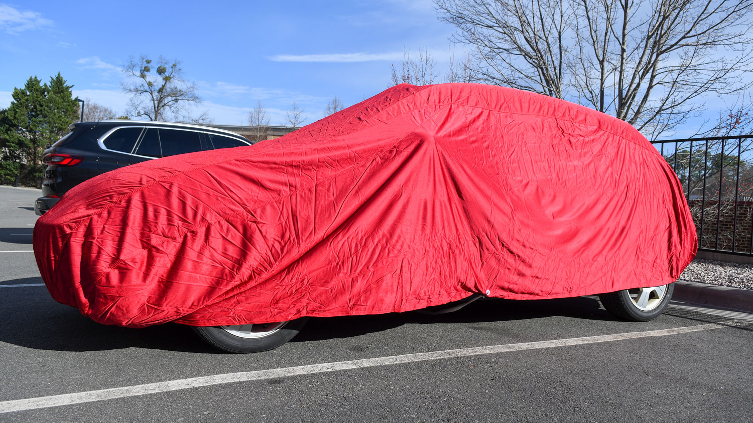 The Budge RSC-3 Car Cover installed on a testing vehicle.
