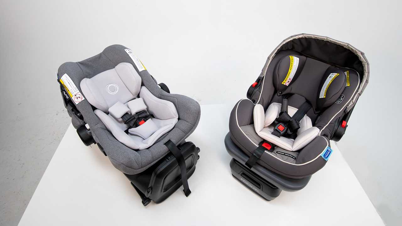 infant car seats angled and posed on studio table. 