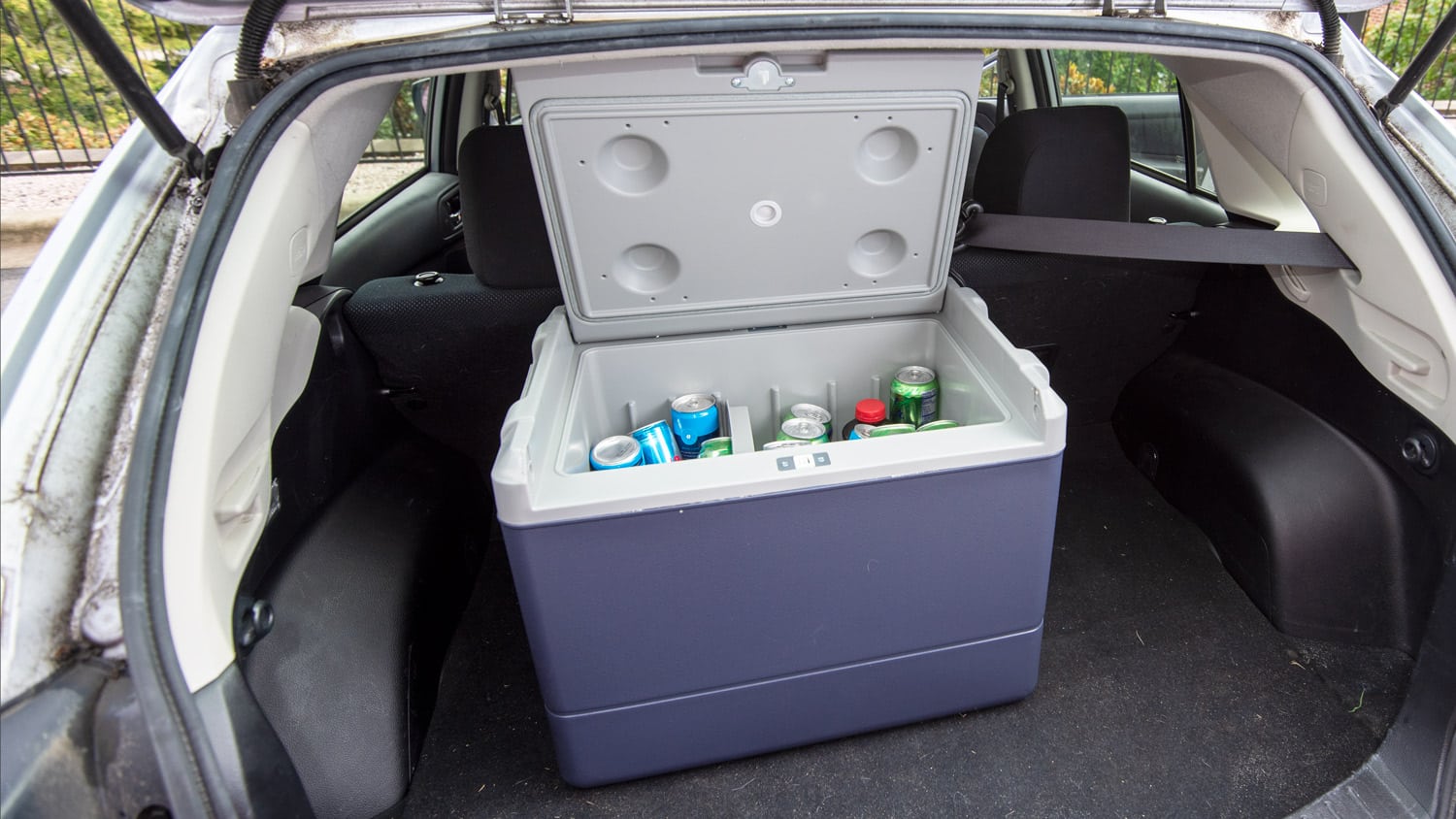 In the open back of a vehicle, a Coleman Powerchill holds an assortment of beverage cans